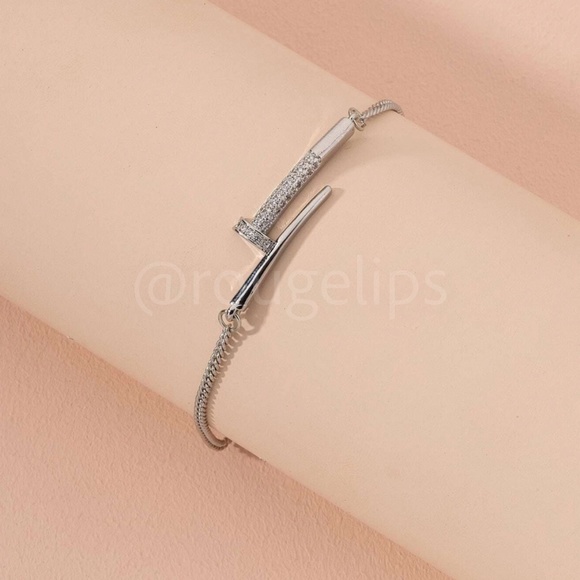 Rouge! Jewelry - Rhinestone Embellished Silver Tone Nail Chain Dangle Bracelet Drawstring